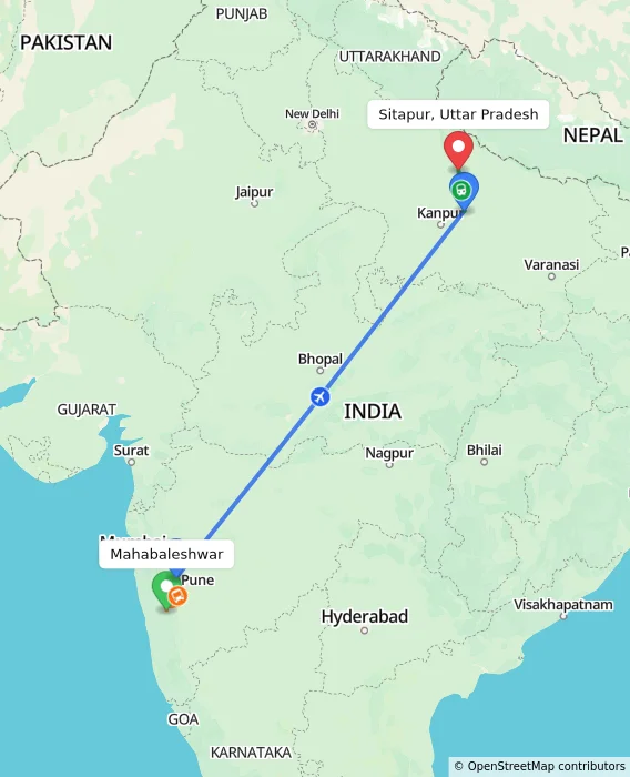 Route map showing distance and travel time from Mahabaleshwar, India to Sitapur, Uttar Pradesh, India