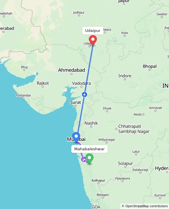 Route map showing distance and travel time from Mahabaleshwar, India to Udaipur, India