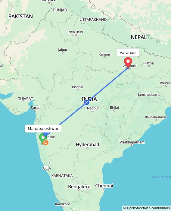Route map showing distance and travel time from Mahabaleshwar, India to Varanasi, India
