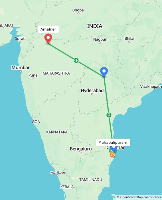 Route map showing distance and travel time from Mahabalipuram, India to Amalner, India