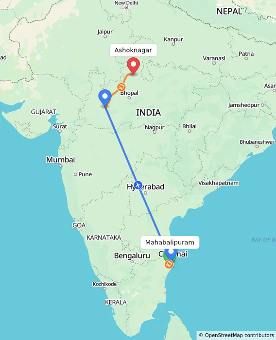 Route map showing distance and travel time from Mahabalipuram, India to Ashoknagar, India