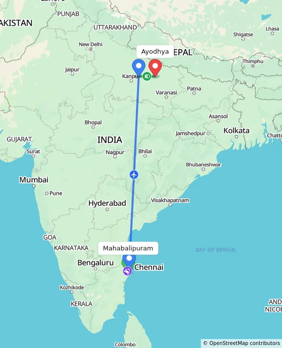 Route map showing distance and travel time from Mahabalipuram, India to Ayodhya, India
