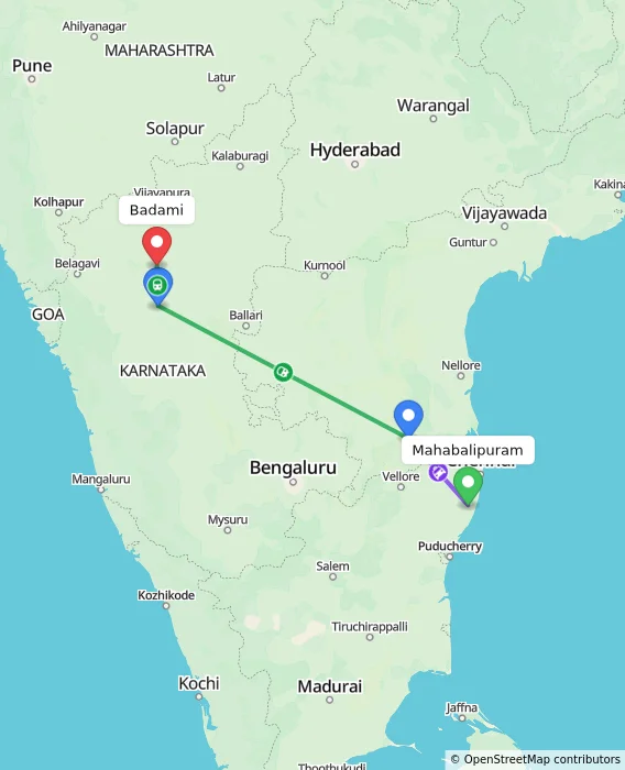 Route map showing distance and travel time from Mahabalipuram, India to Badami, India