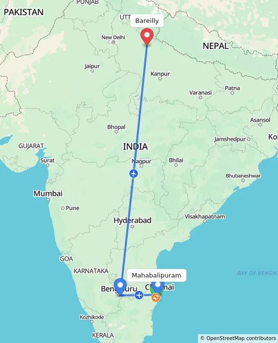 Route map showing distance and travel time from Mahabalipuram, India to Bareilly, India