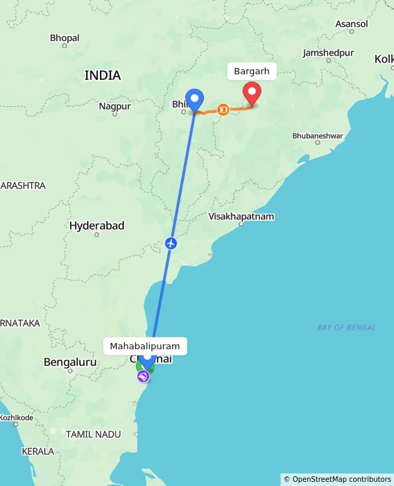 Route map showing distance and travel time from Mahabalipuram, India to Bargarh, India