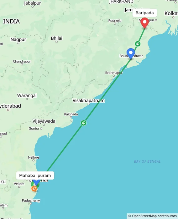 Route map showing distance and travel time from Mahabalipuram, India to Baripada, India