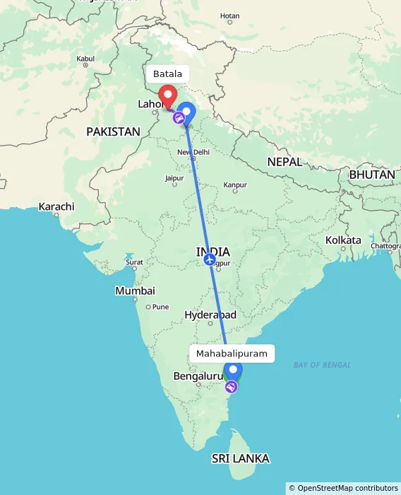 Route map showing distance and travel time from Mahabalipuram, India to Batala, India