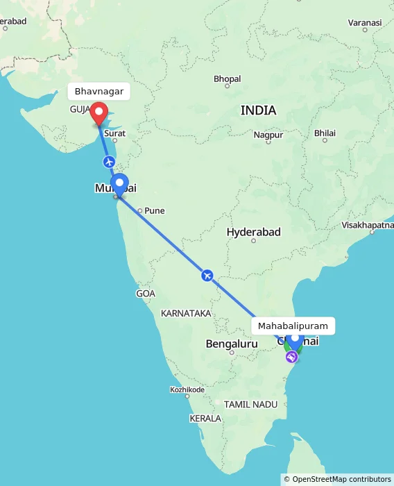 Route map showing distance and travel time from Mahabalipuram, India to Bhavnagar, India