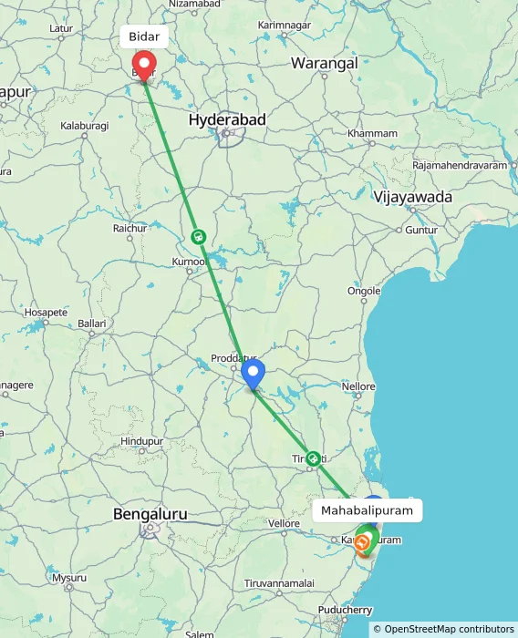 Route map showing distance and travel time from Mahabalipuram, India to Bidar, India