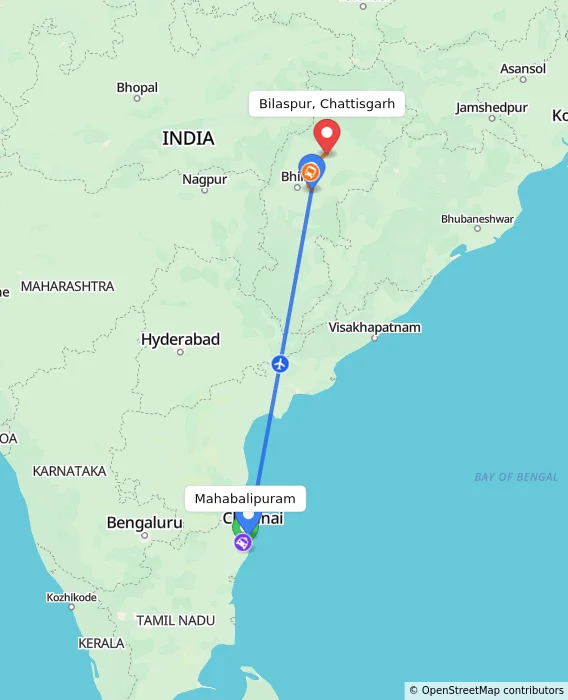 Route map showing distance and travel time from Mahabalipuram, India to Bilaspur, Chattisgarh, India