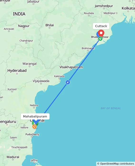 Route map showing distance and travel time from Mahabalipuram, India to Cuttack, India