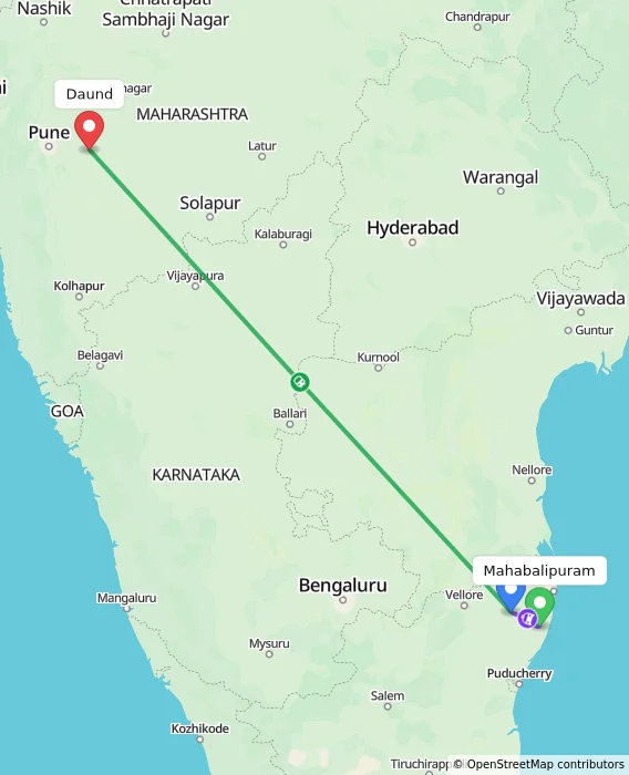 Route map showing distance and travel time from Mahabalipuram, India to Daund, India