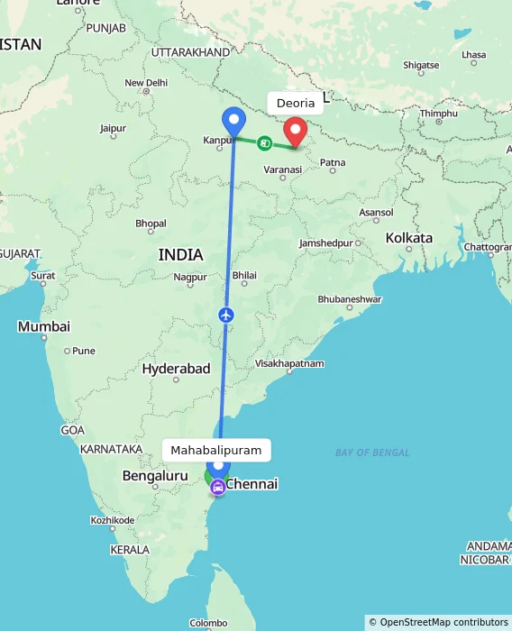 Route map showing distance and travel time from Mahabalipuram, India to Deoria, India