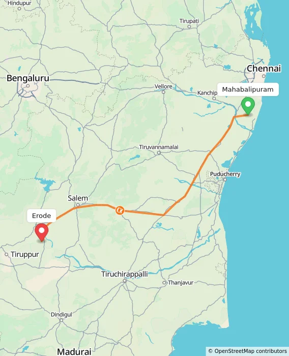 Route map showing distance and travel time from Mahabalipuram, India to Erode, India