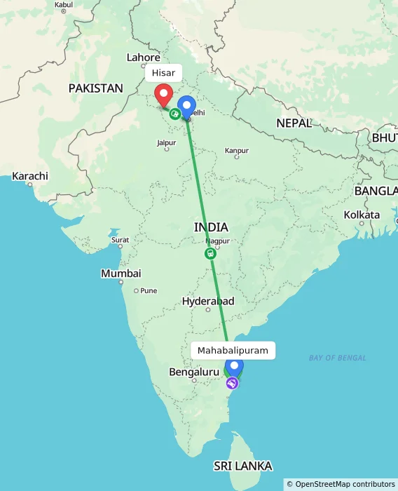 Route map showing distance and travel time from Mahabalipuram, India to Hisar, India