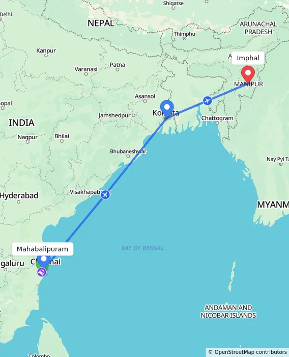 Route map showing distance and travel time from Mahabalipuram, India to Imphal, India
