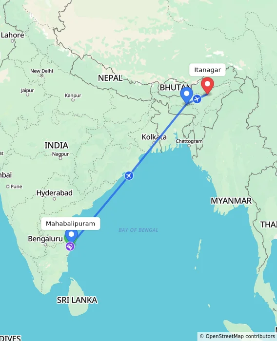 Route map showing distance and travel time from Mahabalipuram, India to Itanagar, India