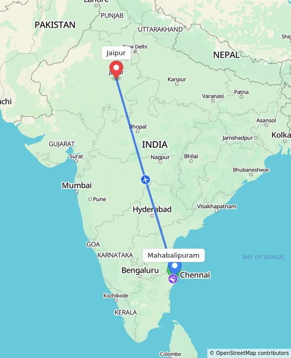 Route map showing distance and travel time from Mahabalipuram, India to Jaipur, India