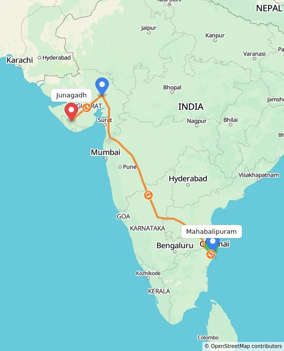 Route map showing distance and travel time from Mahabalipuram, India to Junagadh, India