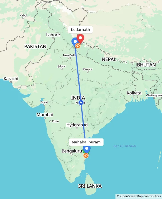 Route map showing distance and travel time from Mahabalipuram, India to Kedarnath, India