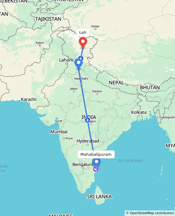 Route map showing distance and travel time from Mahabalipuram, India to Leh, India