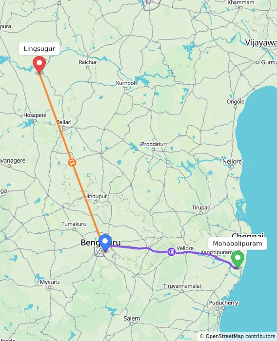 Route map showing distance and travel time from Mahabalipuram, India to Lingsugur, India