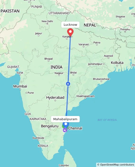 Route map showing distance and travel time from Mahabalipuram, India to Lucknow, India