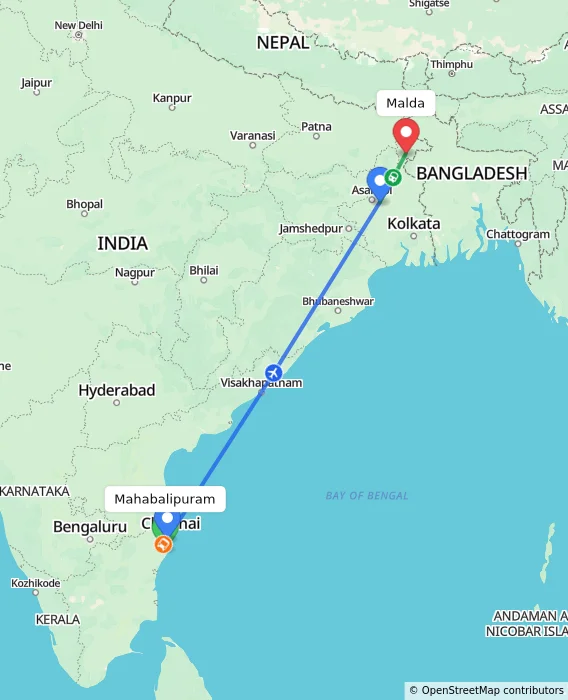 Route map showing distance and travel time from Mahabalipuram, India to Malda, India