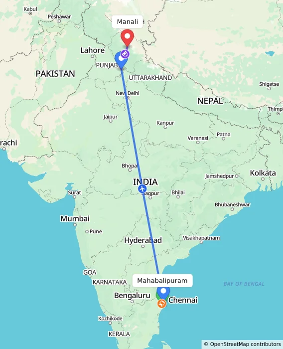 Route map showing distance and travel time from Mahabalipuram, India to Manali, India
