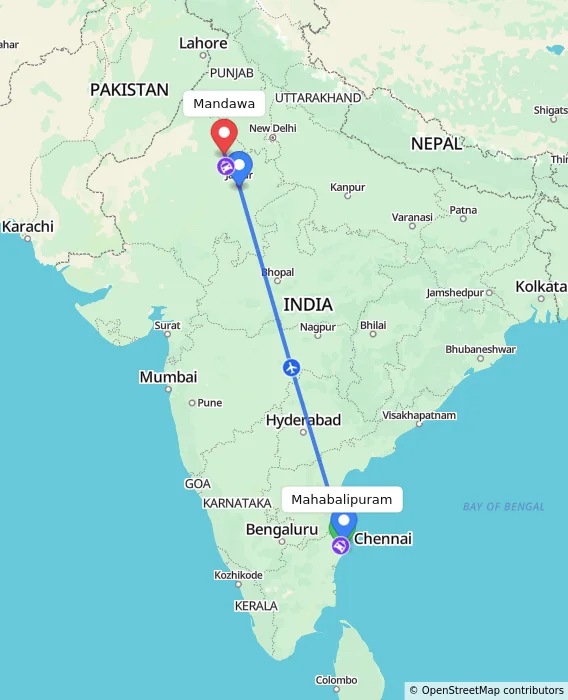 Route map showing distance and travel time from Mahabalipuram, India to Mandawa, India
