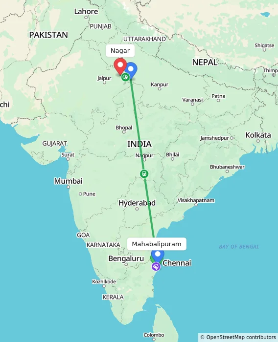 Route map showing distance and travel time from Mahabalipuram, India to Nagar, India