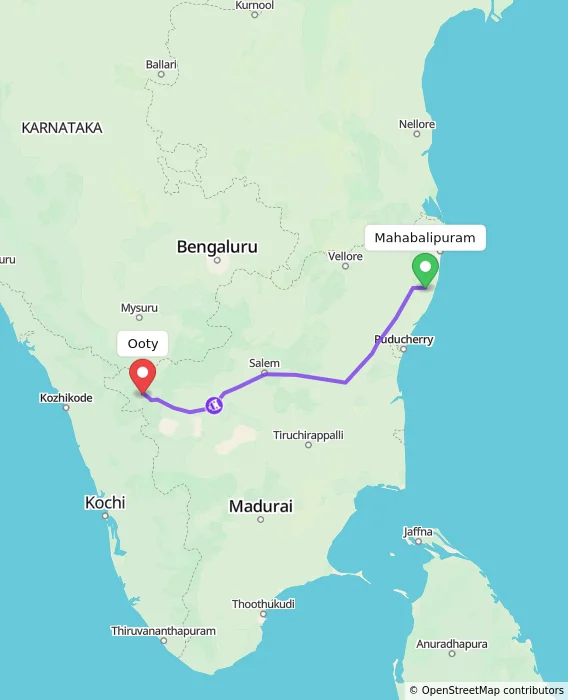 Route map showing distance and travel time from Mahabalipuram, India to Ooty, India