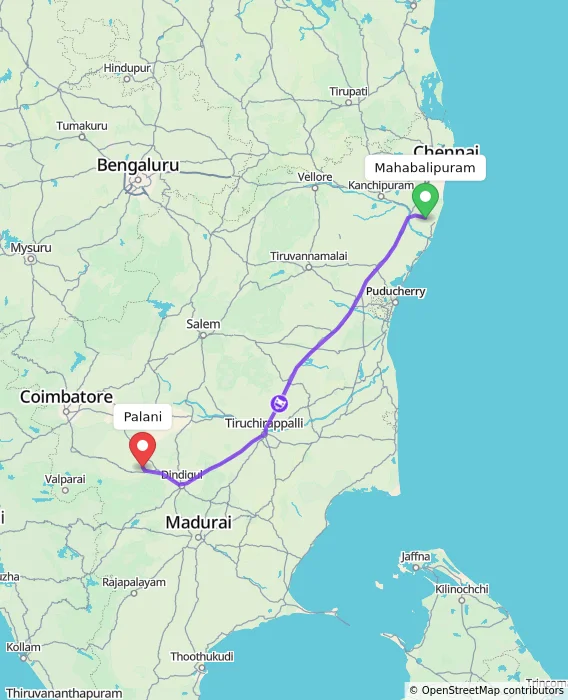 Route map showing distance and travel time from Mahabalipuram, India to Palani, India