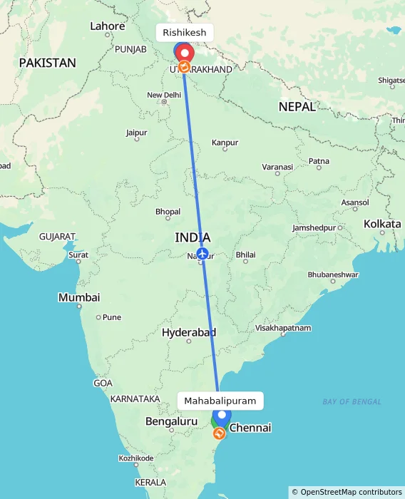Route map showing distance and travel time from Mahabalipuram, India to Rishikesh, India