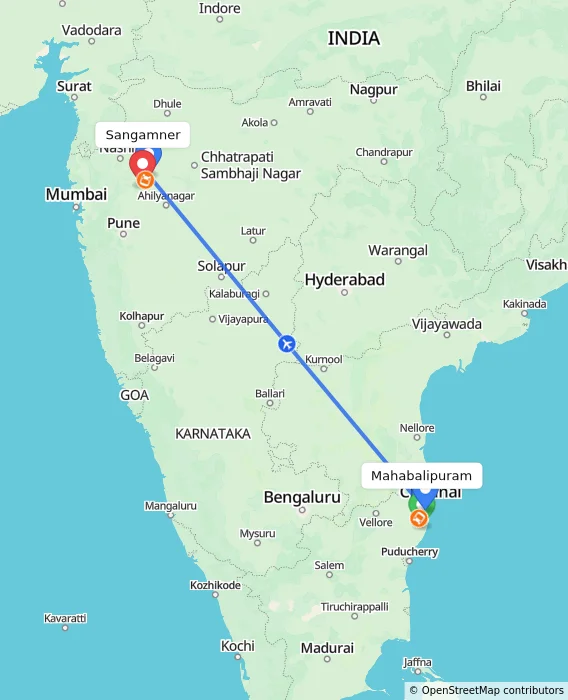 Route map showing distance and travel time from Mahabalipuram, India to Sangamner, India
