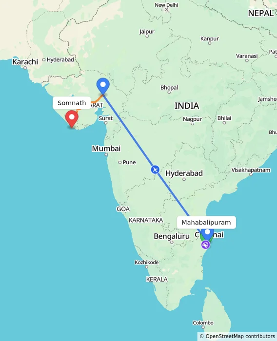 Route map showing distance and travel time from Mahabalipuram, India to Somnath, India