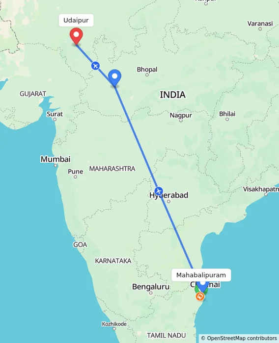 Route map showing distance and travel time from Mahabalipuram, India to Udaipur, India