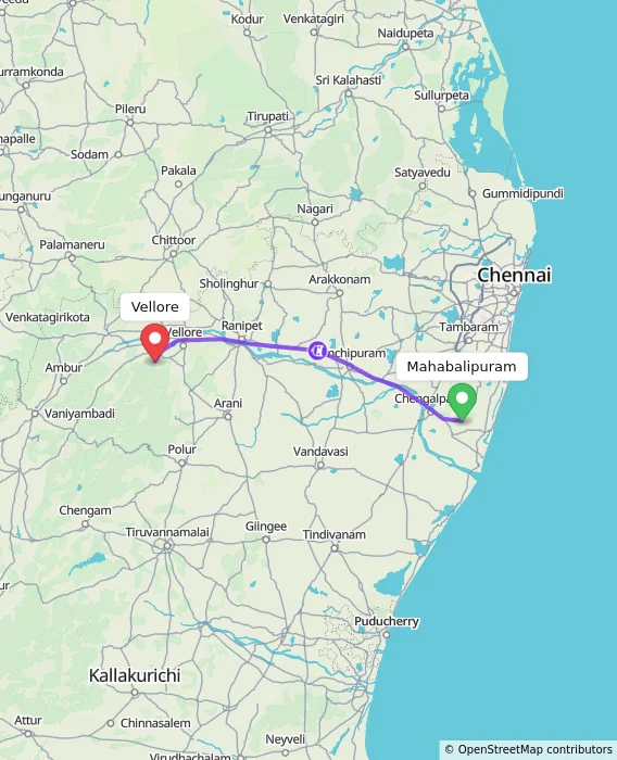 Route map showing distance and travel time from Mahabalipuram, India to Vellore, India