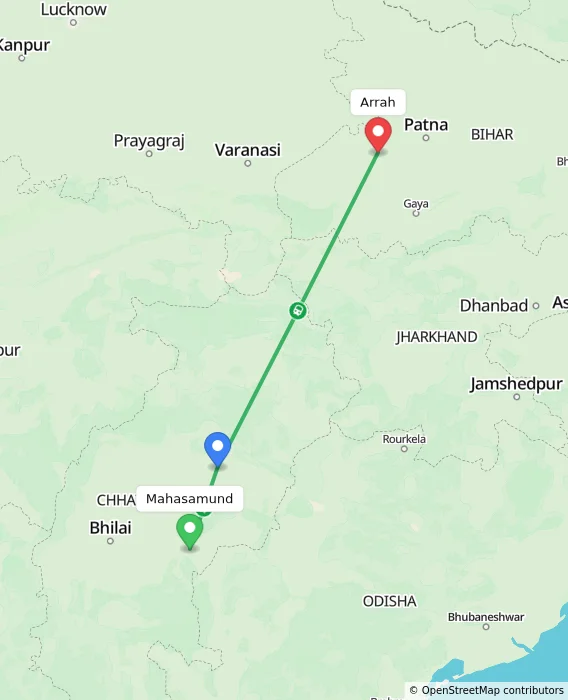 Route map showing distance and travel time from Mahasamund, India to Arrah, India