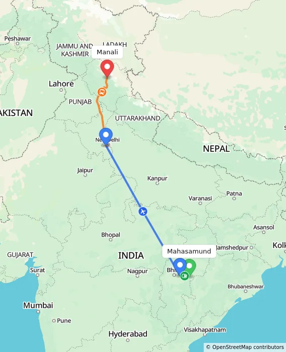 Route map showing distance and travel time from Mahasamund, India to Manali, India