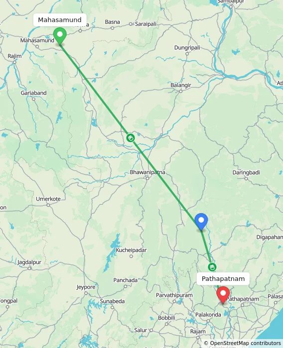 Route map showing distance and travel time from Mahasamund, India to Pathapatnam, India