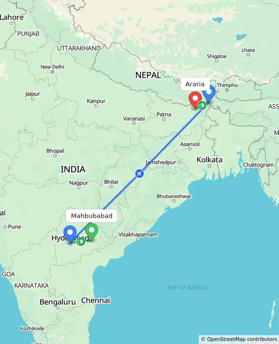 Route map showing distance and travel time from Mahbubabad, India to Araria, India
