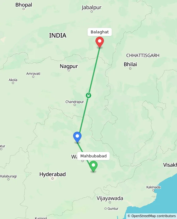 Route map showing distance and travel time from Mahbubabad, India to Balaghat, India