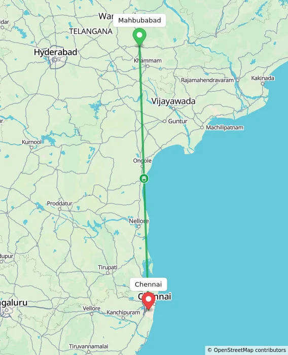 Route map showing distance and travel time from Mahbubabad, India to Chennai, India