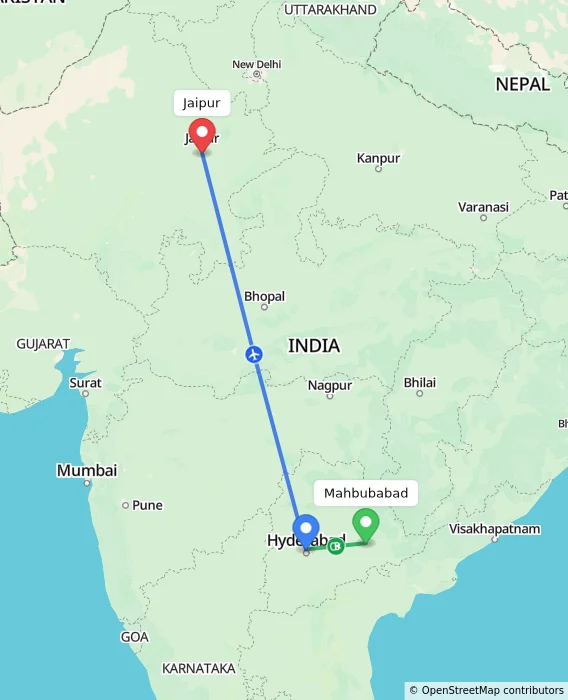 Route map showing distance and travel time from Mahbubabad, India to Jaipur, India