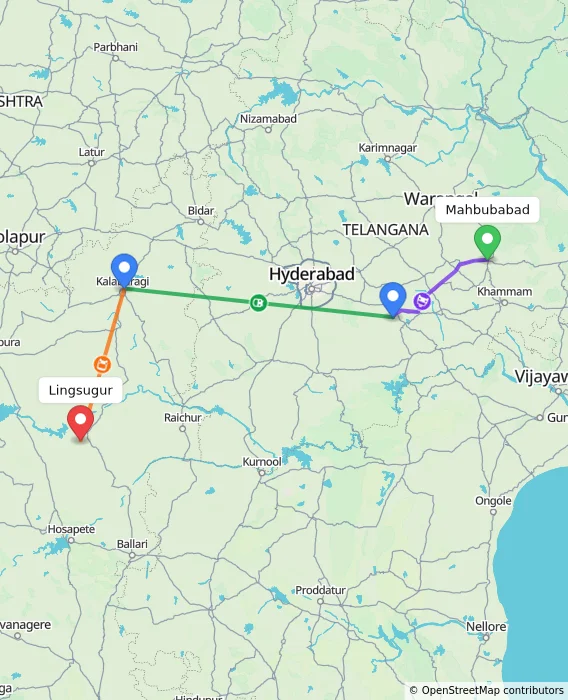 Route map showing distance and travel time from Mahbubabad, India to Lingsugur, India