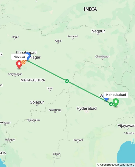 Route map showing distance and travel time from Mahbubabad, India to Nevasa, India