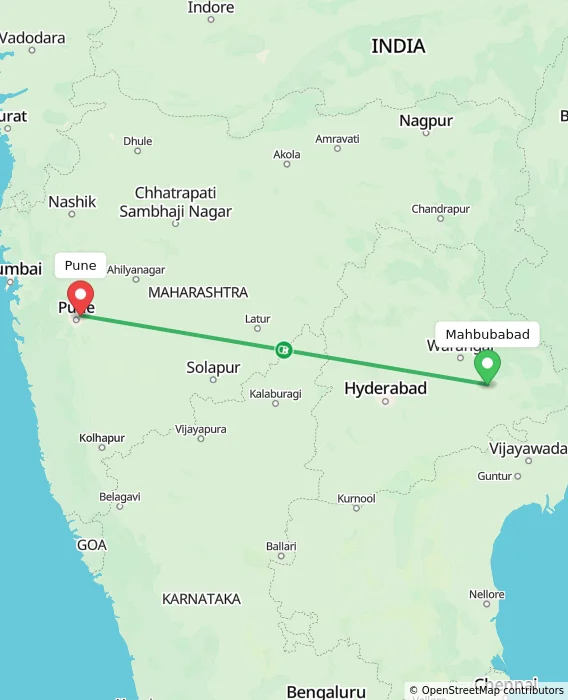 Route map showing distance and travel time from Mahbubabad, India to Pune, India
