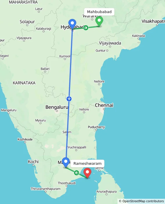 Route map showing distance and travel time from Mahbubabad, India to Rameshwaram, India