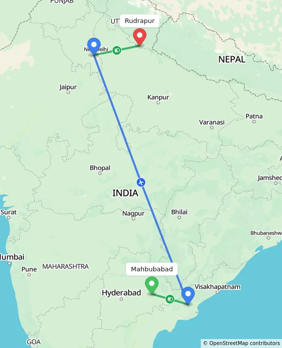Route map showing distance and travel time from Mahbubabad, India to Rudrapur, India